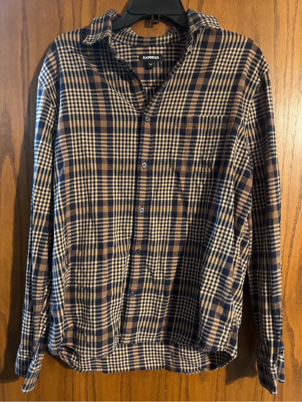 Express Men’s Brown and Navy Plaid Button-Down Shirt